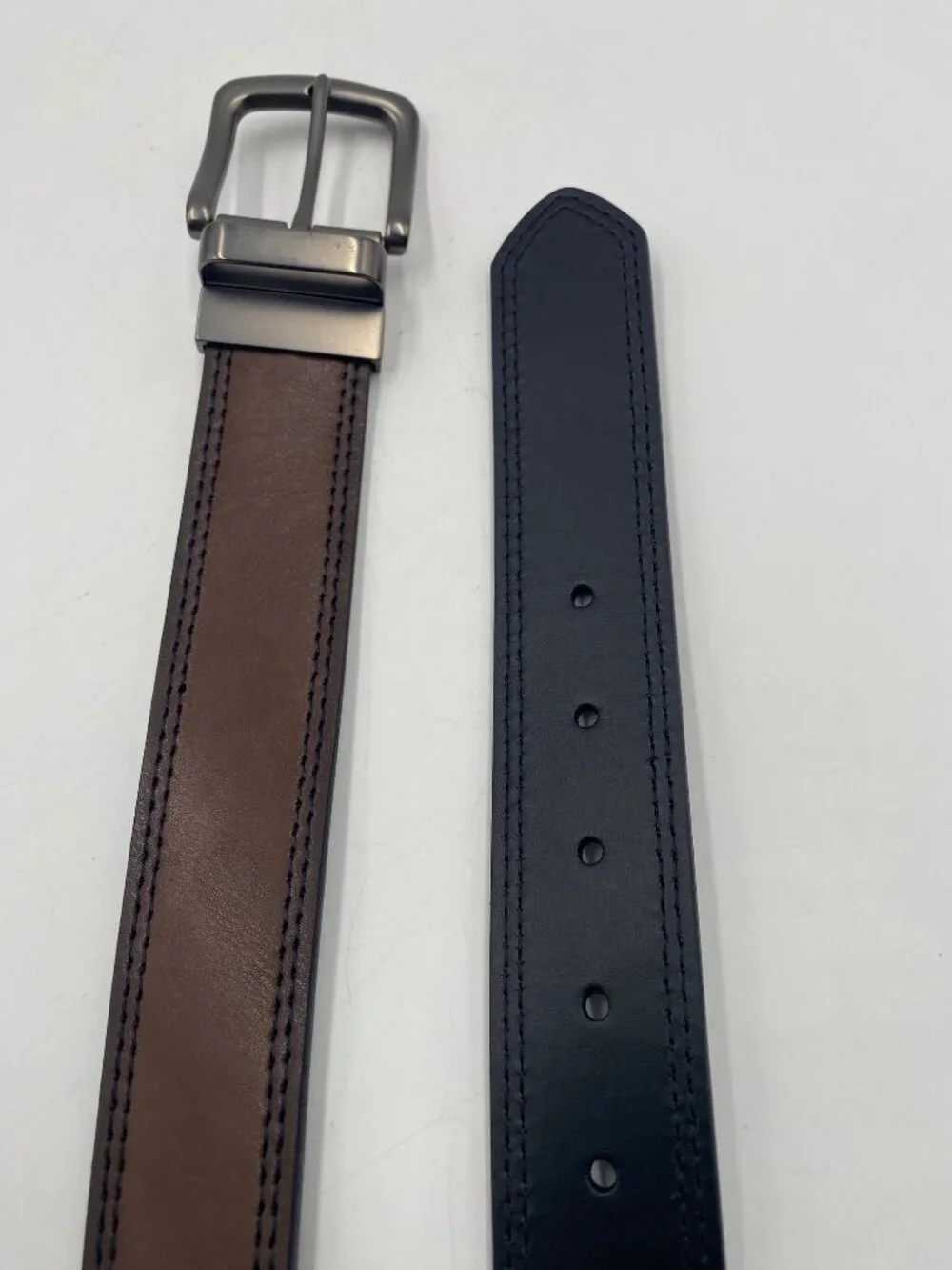 Bonded Leather Reversible Belt Size 36 Rotated Silver Buckle Brown Black 1 3/8
